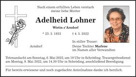 Traueranzeige Adelheid Lohner