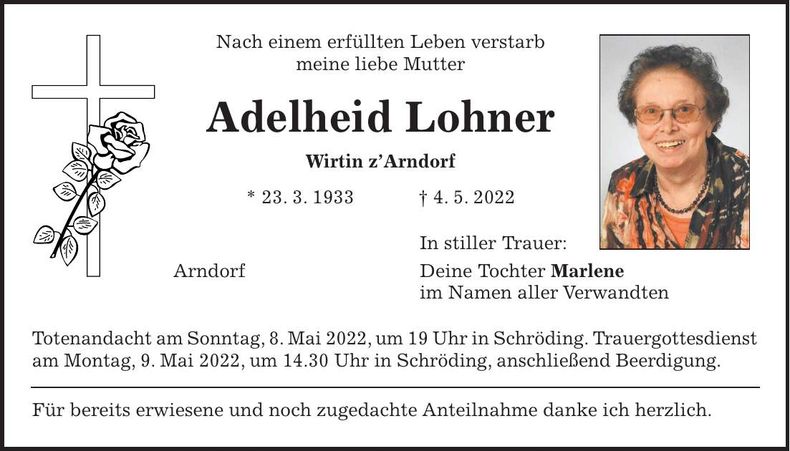 Traueranzeige Adelheid Lohner