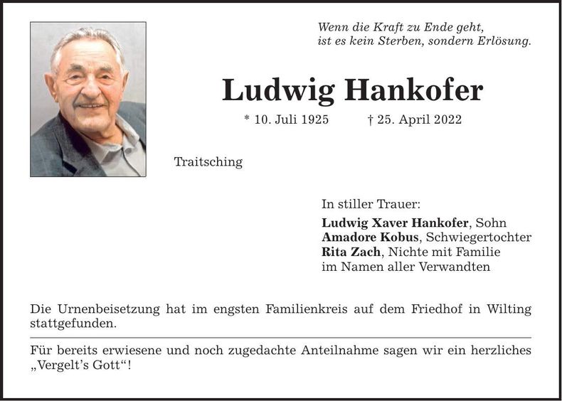 Traueranzeige Ludwig Hankofer