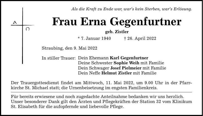 Traueranzeige Erna Gegenfurtner