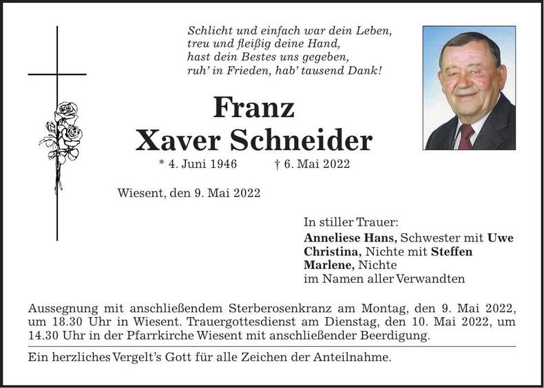 Traueranzeige Xaver Schneider