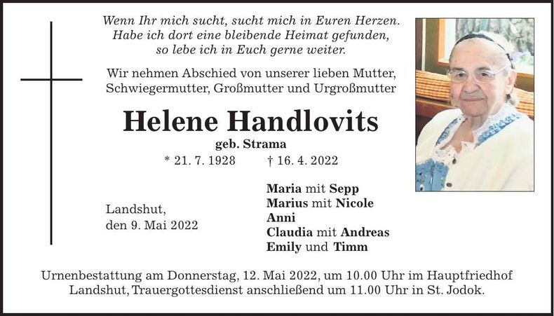 Traueranzeige Helene Handlovits