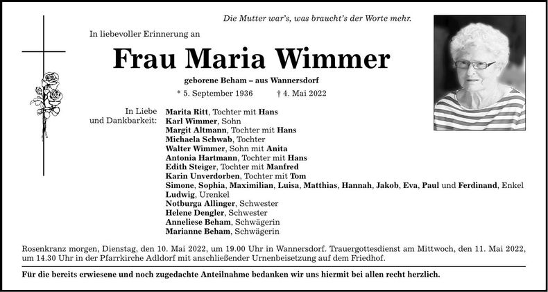 Traueranzeige Maria Wimmer