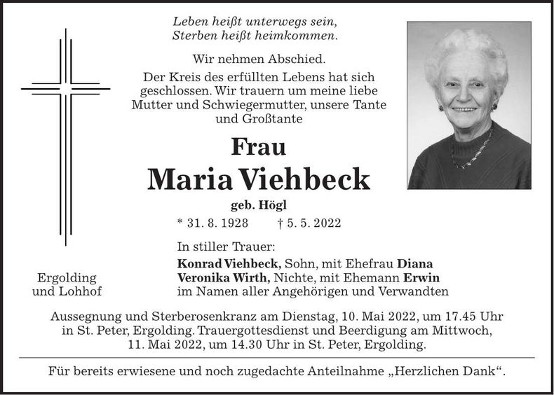 Traueranzeige Maria Viehbeck