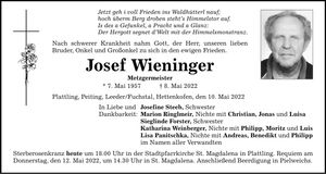 Traueranzeige Josef Wieninger