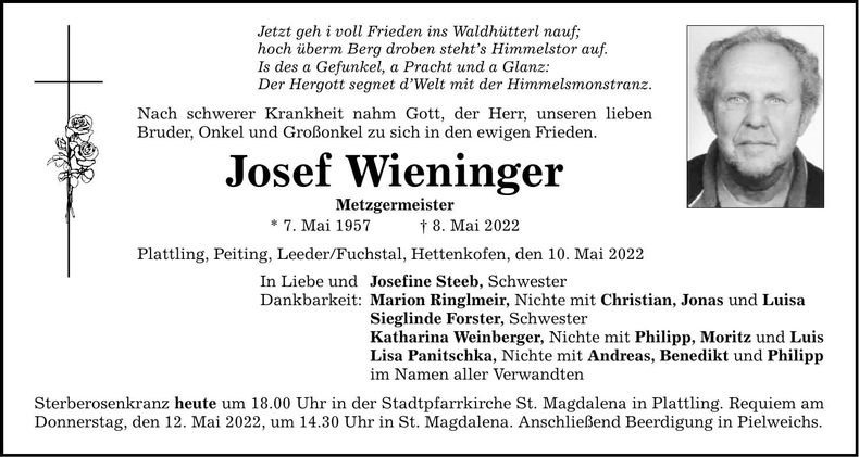 Traueranzeige Josef Wieninger