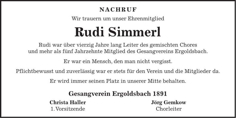 Traueranzeige Rudolf Simmerl
