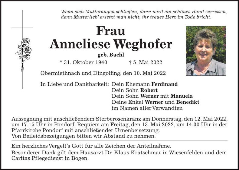 Traueranzeige Anneliese Weghofer