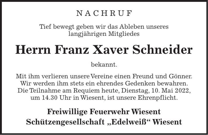 Traueranzeige Franz Xaver Schneider
