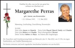 Traueranzeige Margarethe Perras