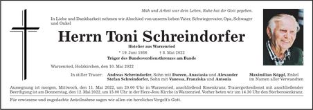 Traueranzeige Toni Schreindorfer