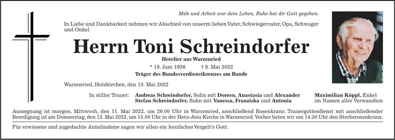 Traueranzeige Toni Schreindorfer
