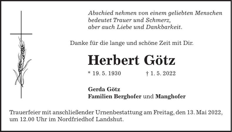 Traueranzeige Herbert Götz