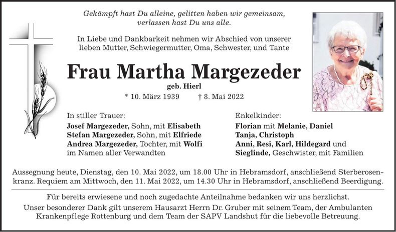 Traueranzeige Martha Margezeder