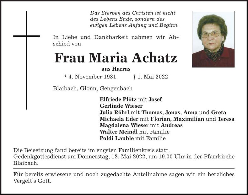 Traueranzeige Maria Achatz