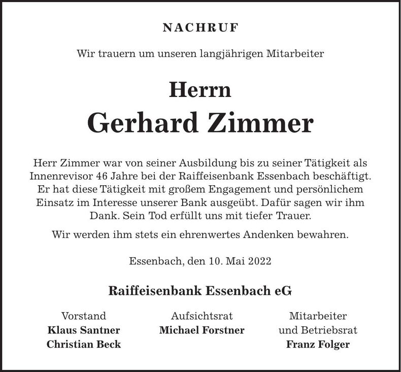 Traueranzeige Gerhard Zimmer