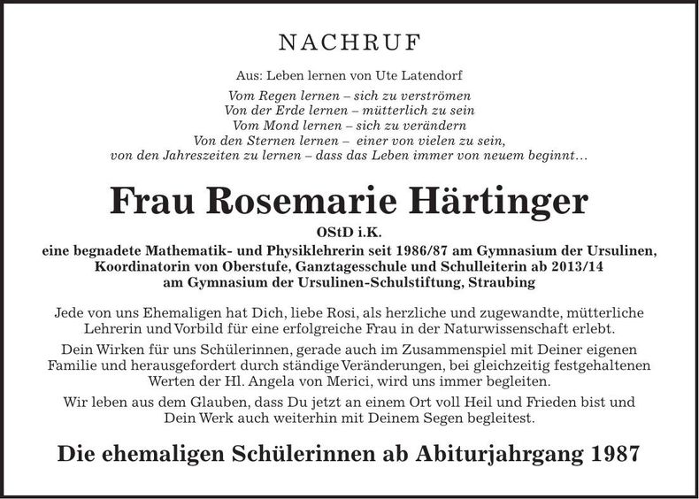 Traueranzeige Rosemarie Härtinger