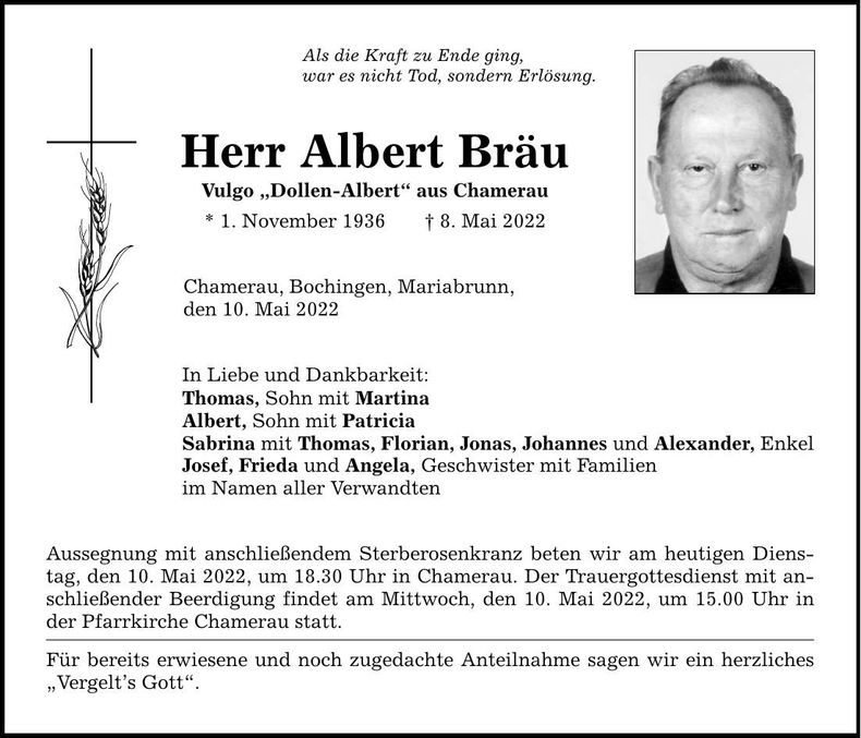 Traueranzeige Albert Bräu