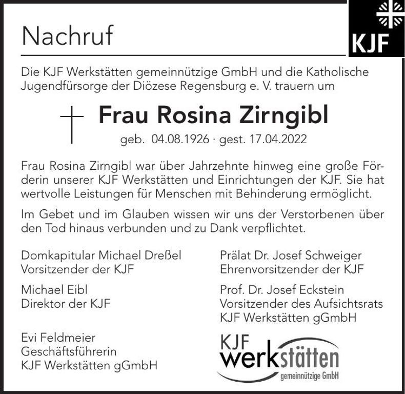 Traueranzeige Rosina Zirngibl