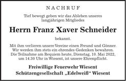 Traueranzeige Franz Xaver Schneider