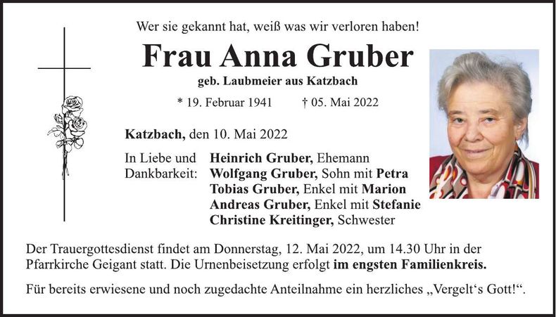 Traueranzeige Anna Gruber