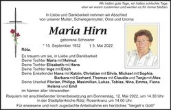 Traueranzeige Maria Hirn