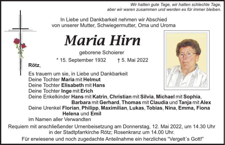 Traueranzeige Maria Hirn