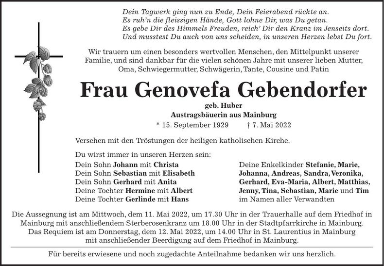 Traueranzeige Genovefa Gebendorfer