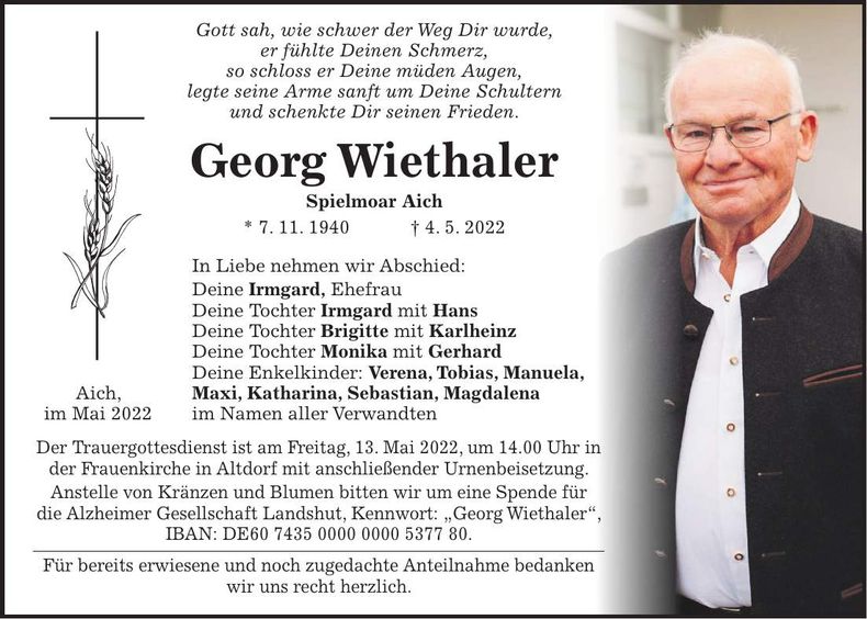 Traueranzeige Georg Wiethaler