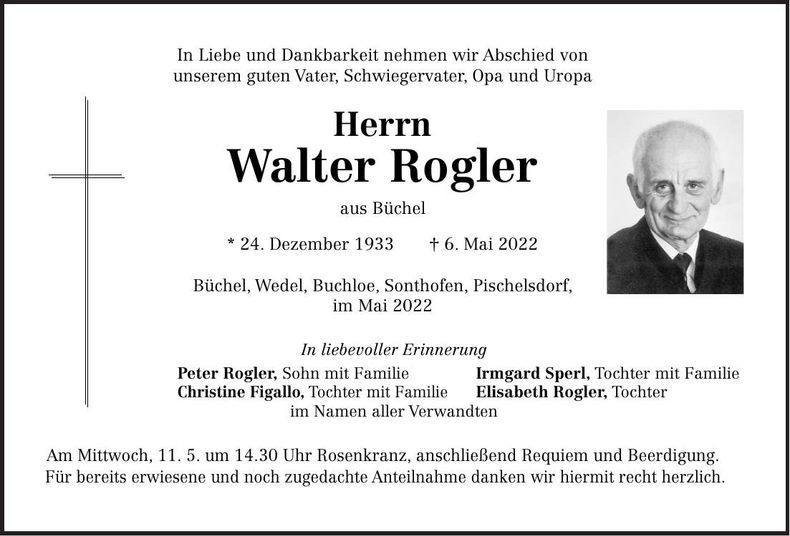 Traueranzeige Walter Rogler