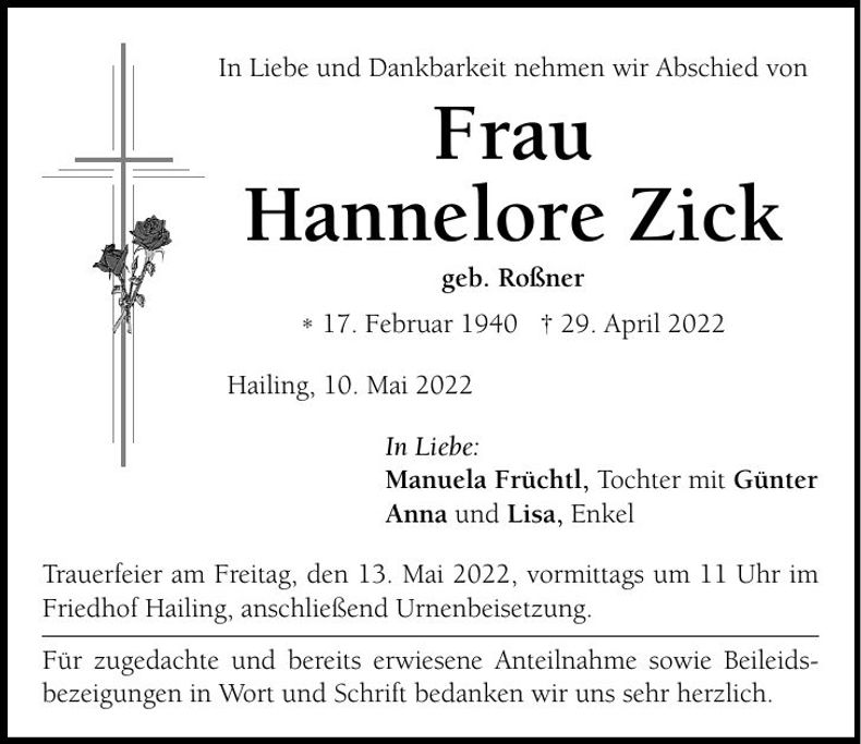 Traueranzeige Hannelore Zick