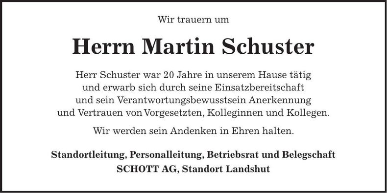 Traueranzeige Martin Schuster