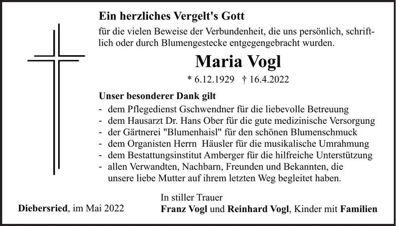 Traueranzeige Maria Vogl