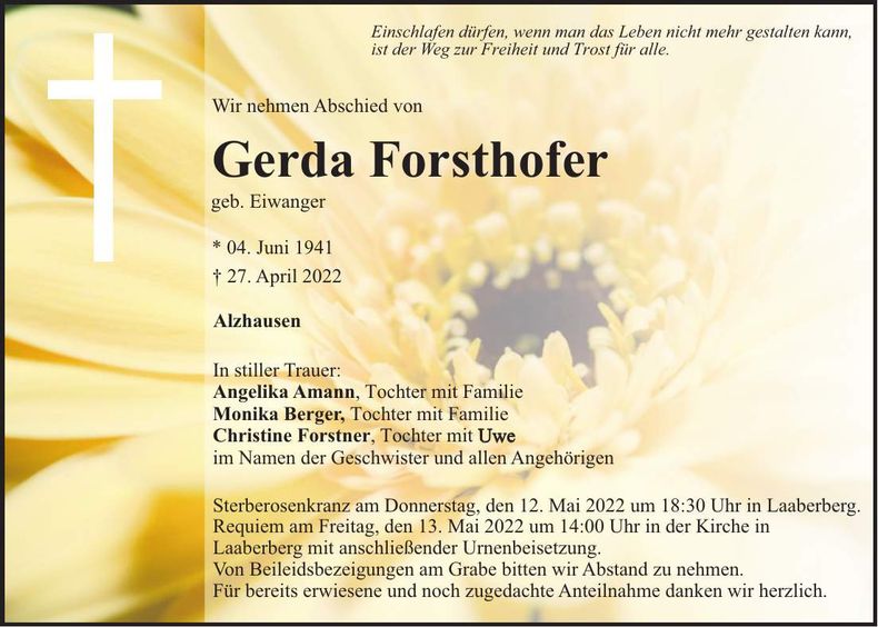 Traueranzeige Gerda Forsthofer