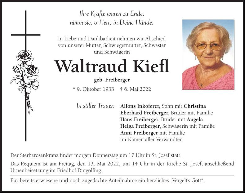 Traueranzeige Waltraud Kiefl
