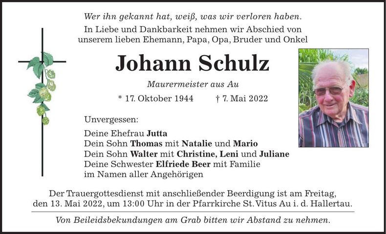 Traueranzeige Johann Schulz