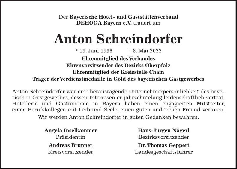 Traueranzeige Anton Schreindorfer