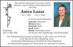 Traueranzeige Anica Lazar