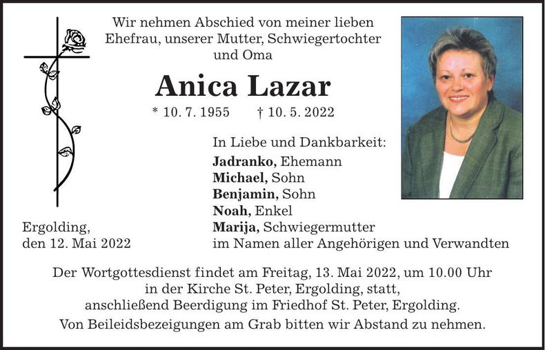 Traueranzeige Anica Lazar