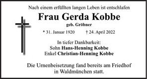 Traueranzeige Gerda Kobbe