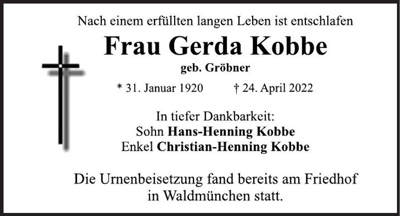 Traueranzeige Gerda Kobbe