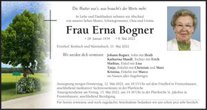 Traueranzeige Erna Bogner