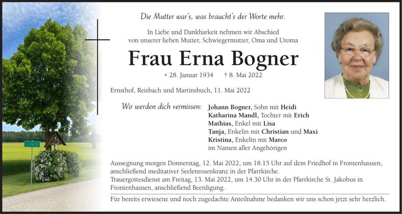 Traueranzeige Erna Bogner