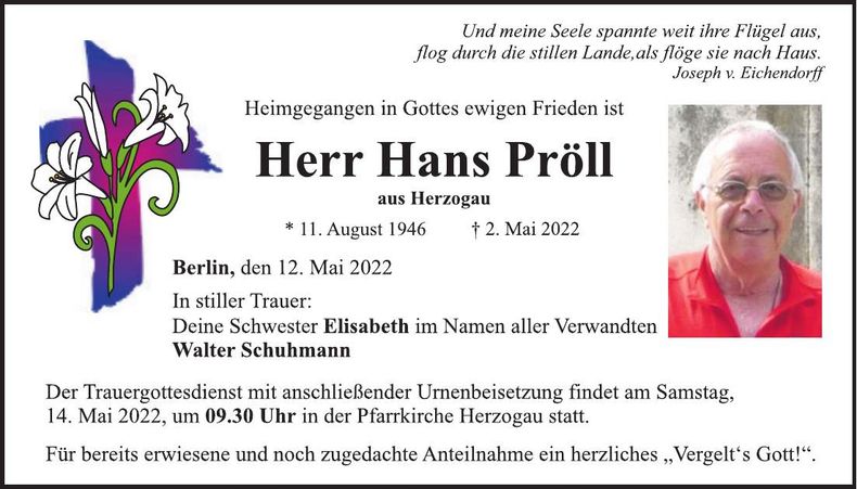 Traueranzeige Hans Pröll