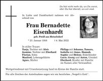 Traueranzeige Bernadette Eisenhardt