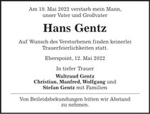 Traueranzeige Hans Gentz