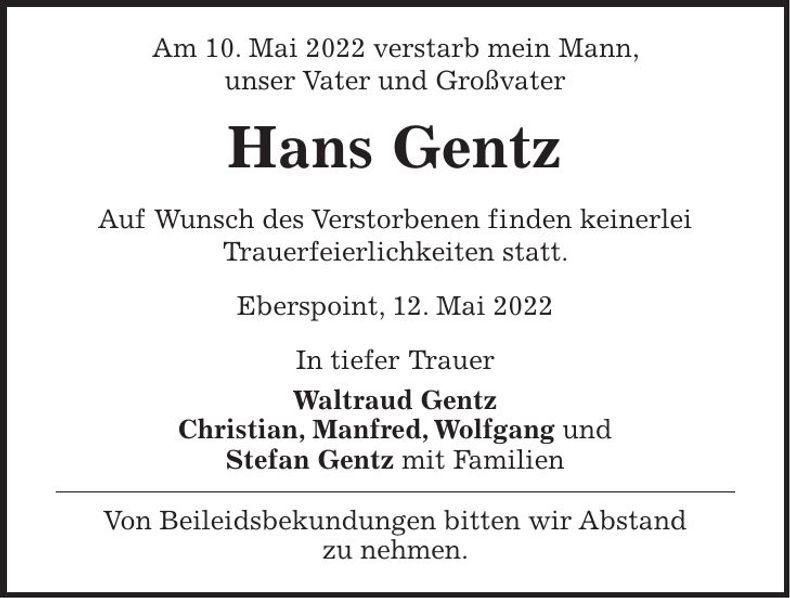 Traueranzeige Hans Gentz