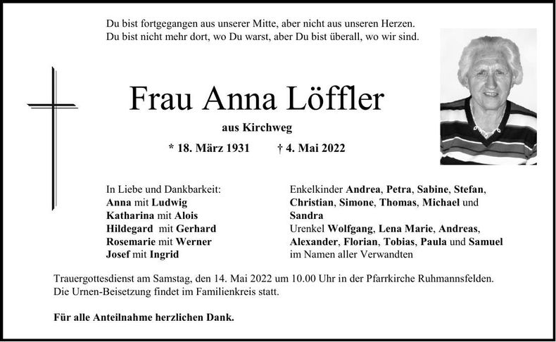 Traueranzeige Löffler Anna