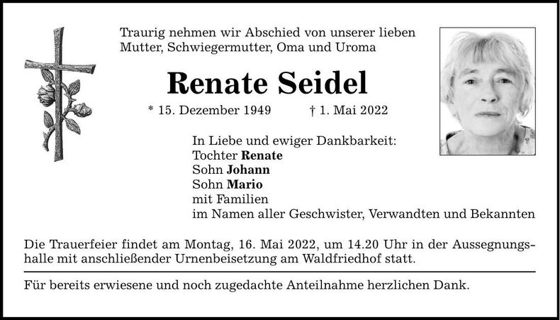 Traueranzeige Renate Seidel