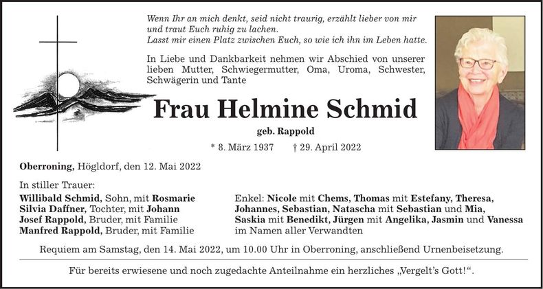 Traueranzeige Helmine Schmid